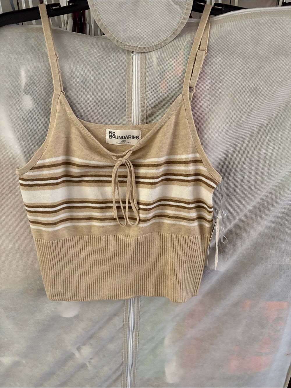 No Boundaries Neutral Striped Tie-Front Knit Cami